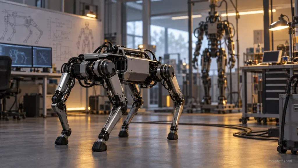 Ilustración de robots de investigación, un cuadrúpedo y un humanoide, en un laboratorio