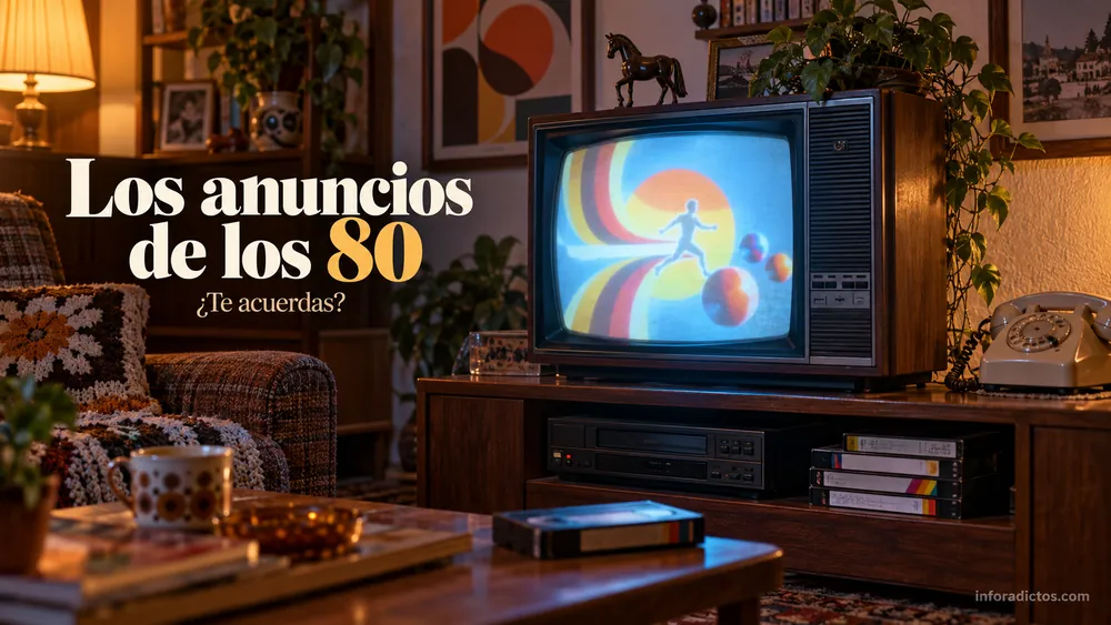 Televisor de tubo, reproductor VHS y teléfono de disco en un salón de los años 80