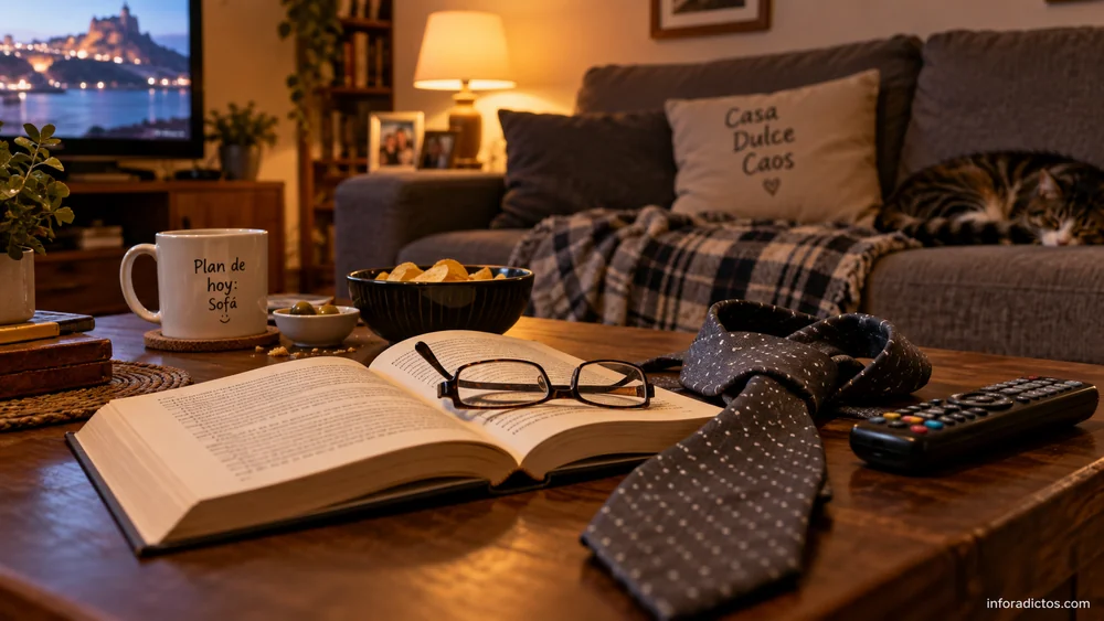 Libro abierto, gafas, corbata y mando de televisión en un salón, guiño al humor de 50 sombras de Grey a la española