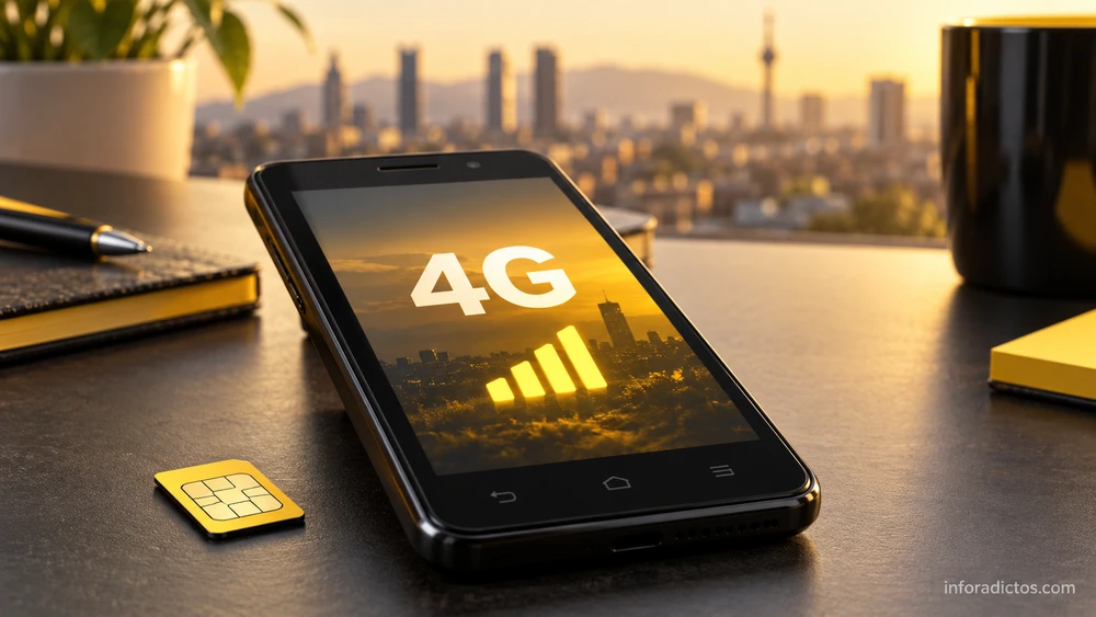 Teléfono con el indicador 4G y una tarjeta SIM, ilustración de la activación del servicio móvil de Jazztel