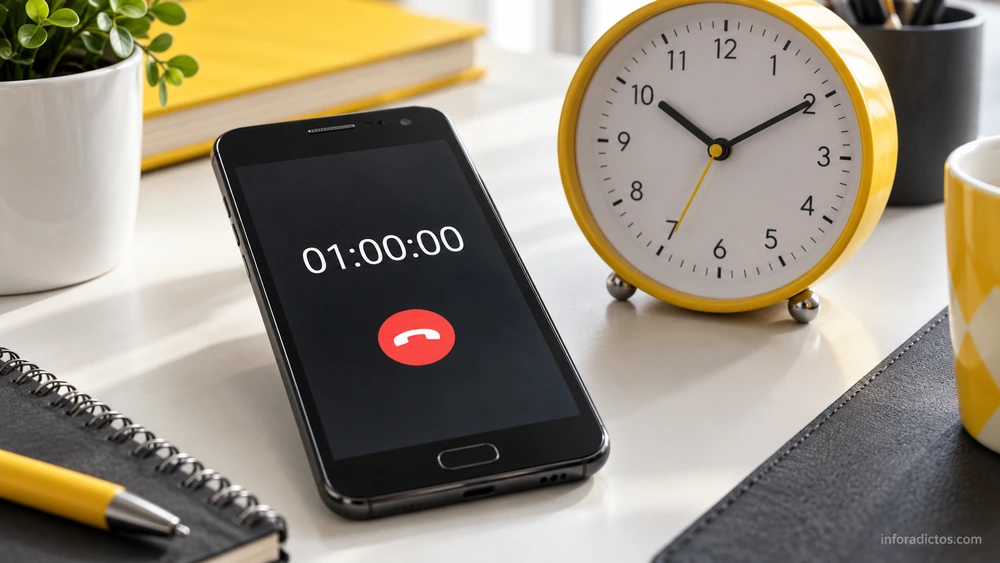Teléfono con una llamada de una hora y un icono de colgar junto a un reloj de sobremesa