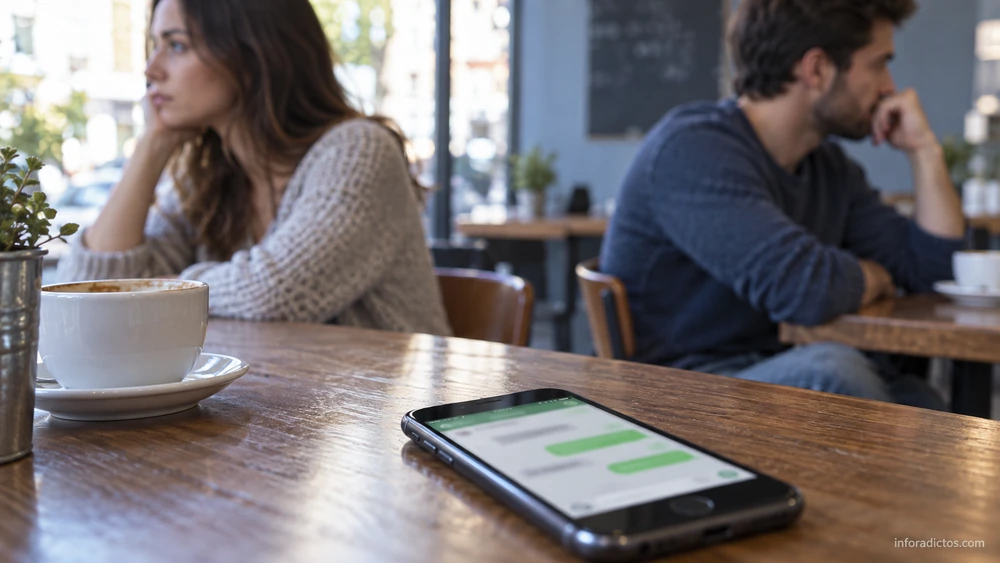 Móvil con una conversación de mensajería y dos personas distanciadas en una cafetería