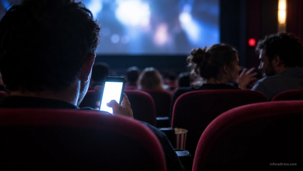 Espectador usando un móvil brillante y personas conversando durante una proyección de cine