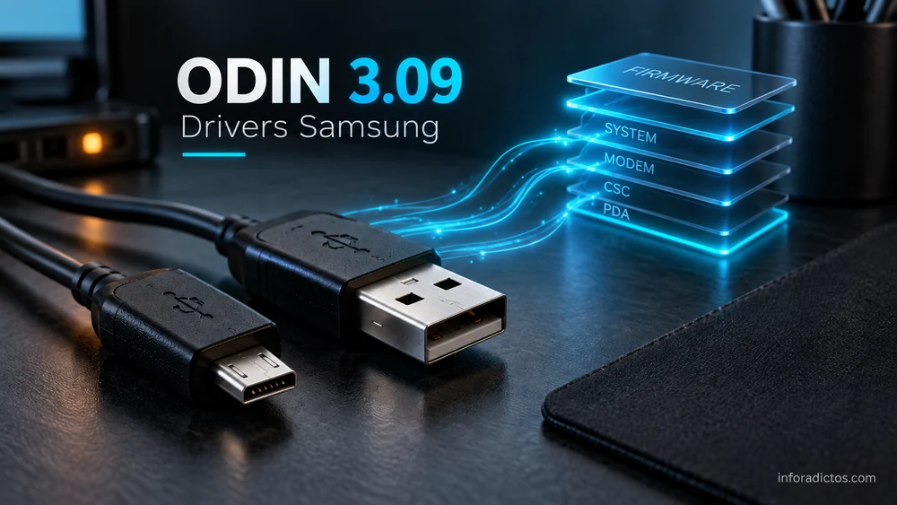 Conexiones USB y capas de firmware en una ilustración sobre Odin 3.09 y los drivers de Samsung