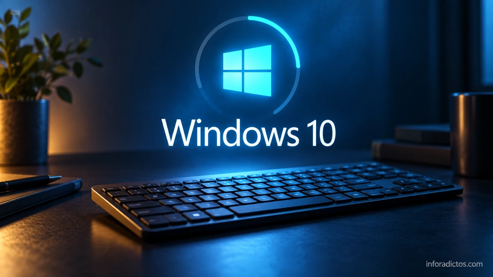 Ilustración de Windows 10 con un indicador de actualización sobre un teclado