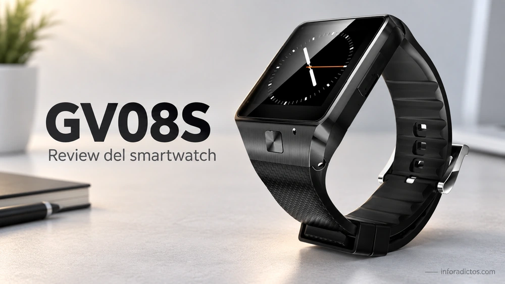 Smartwatch GV08S negro con correa de caucho y esfera analógica