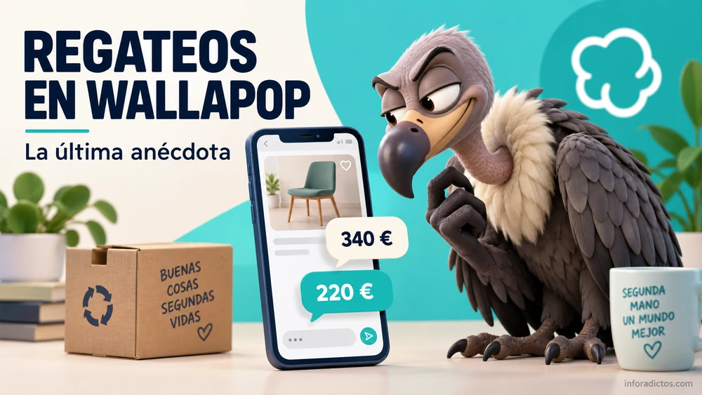 Ilustración de un buitre regateando en Wallapop con ofertas de 340 y 220 euros