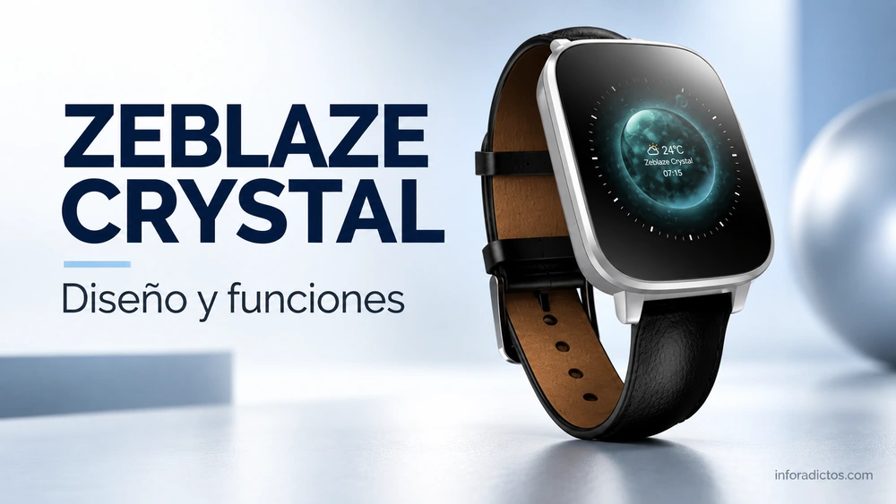 Reloj Zeblaze Crystal con marco plateado y correa negra visto en perspectiva