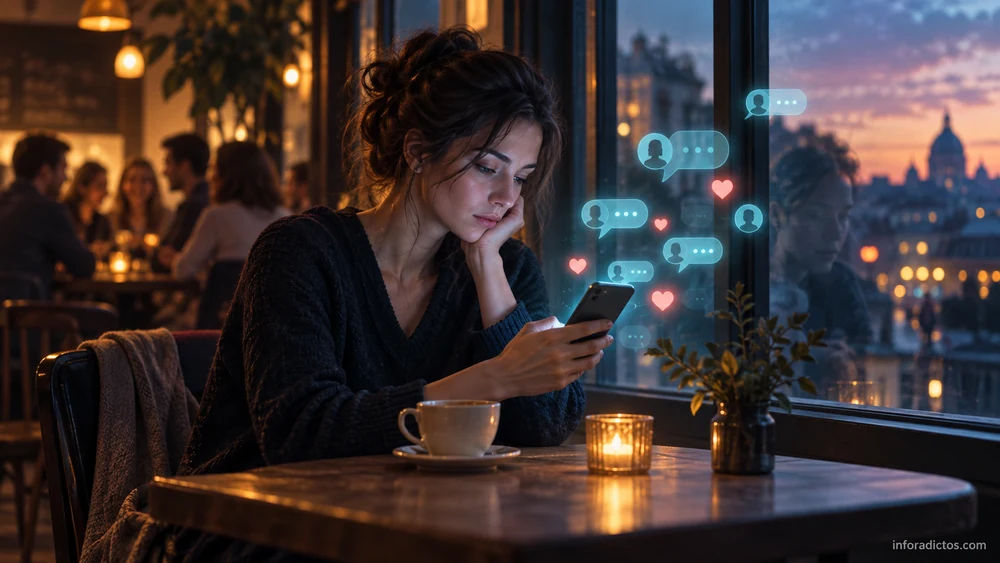 Mujer sola en una cafetería mirando su móvil, rodeada de notificaciones digitales