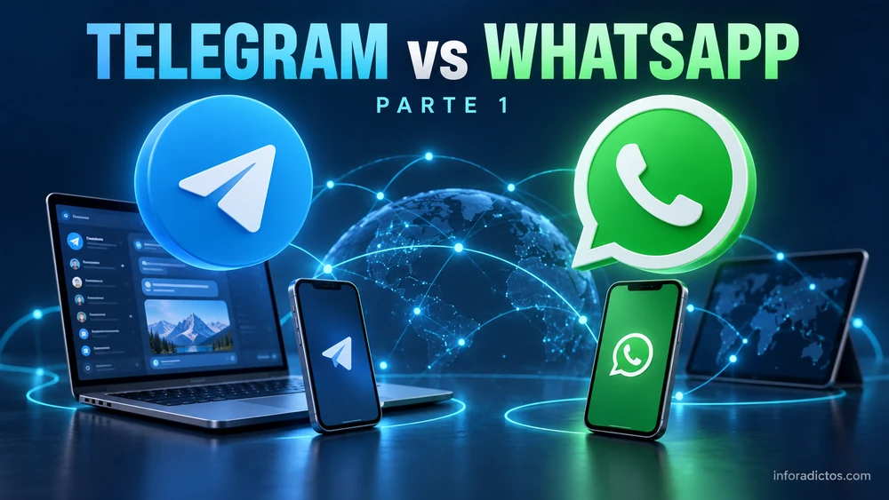 Telegram y WhatsApp frente a frente con móviles, un ordenador y una tableta