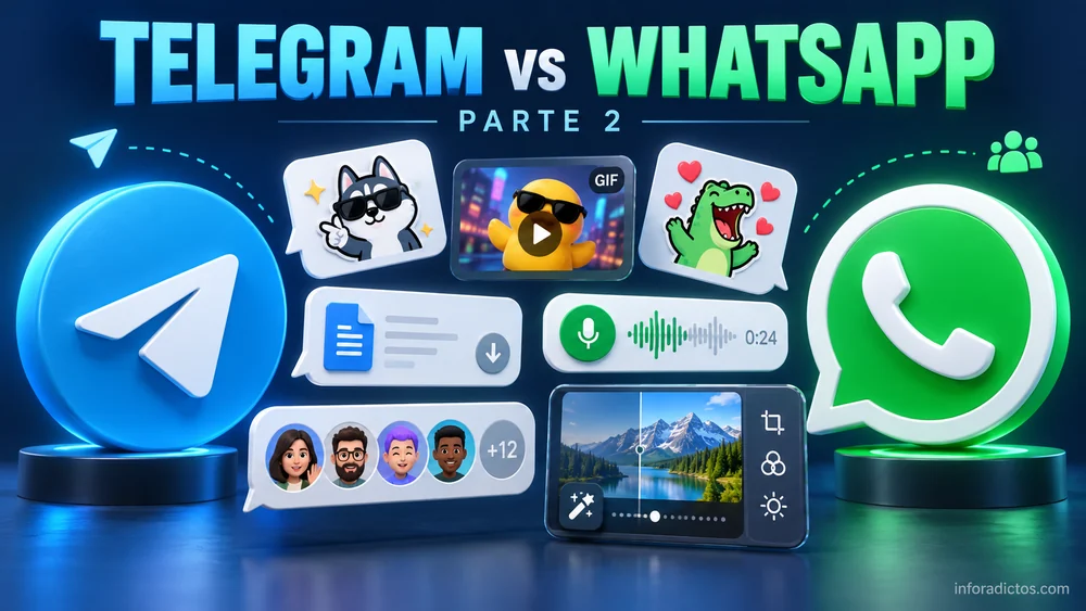 Telegram y WhatsApp junto a stickers, archivos, notas de voz y herramientas de fotografía