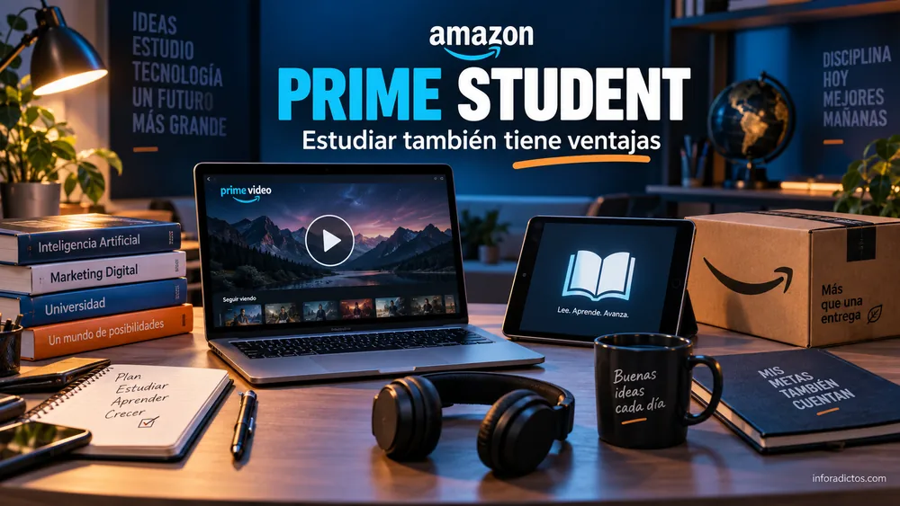 Escritorio de estudiante con portátil, tableta, libros y un paquete de Amazon Prime