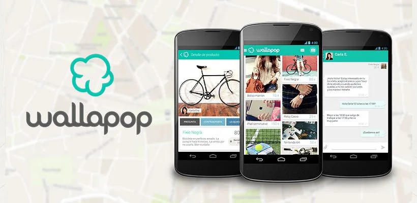 Logotipo de Wallapop junto a la aplicación mostrada en tres teléfonos