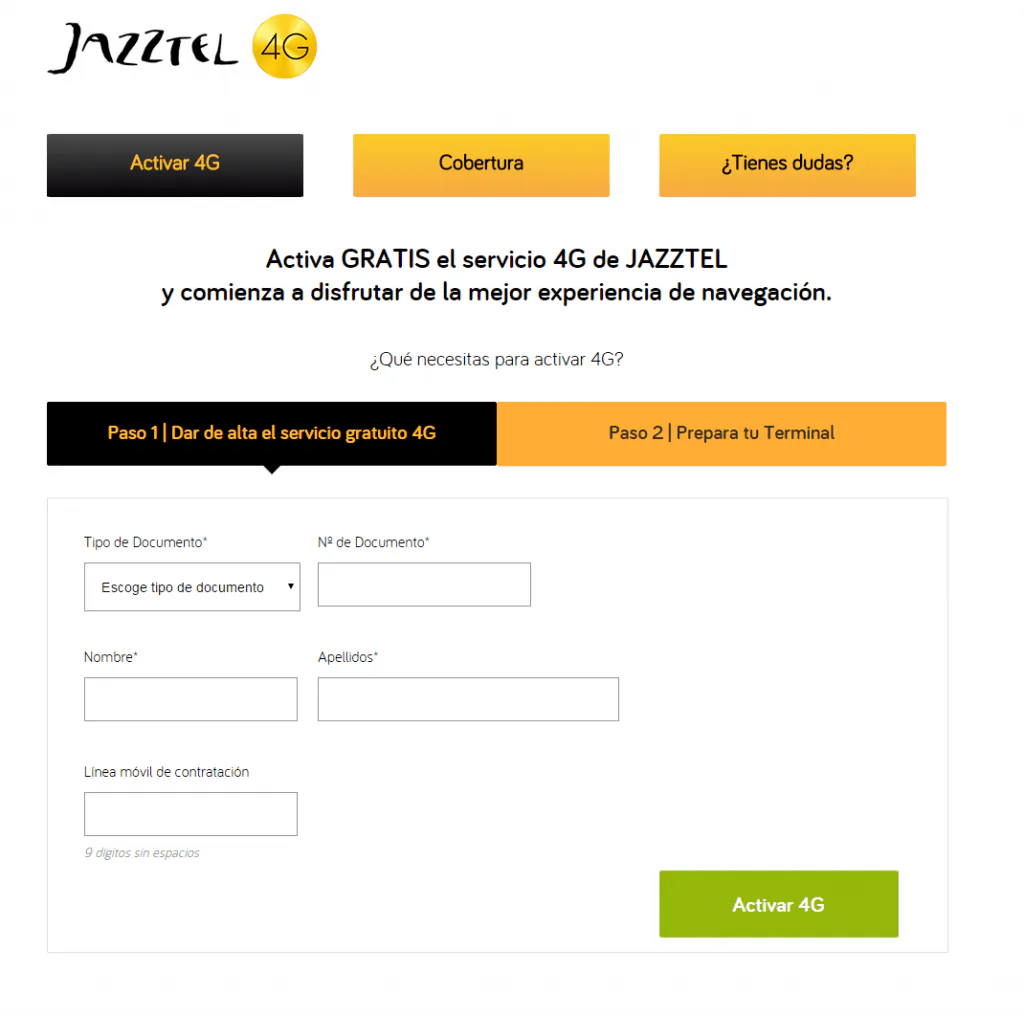 Pantalla de activación del servicio 4G de Jazztel