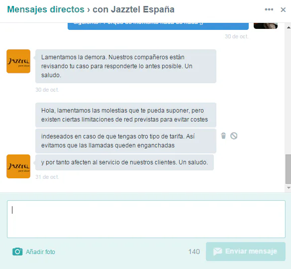 Conversación en Twitter sobre los cortes de llamadas de Jazztel cada hora
