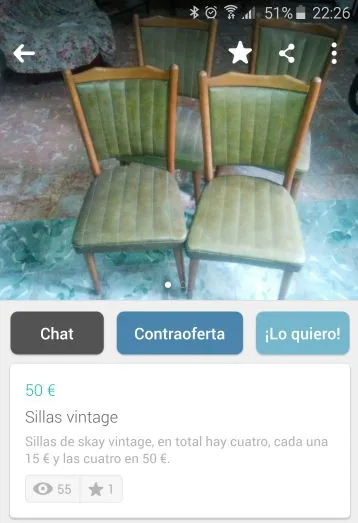 Anuncio de sillas en Wallapop Anuncio de Wallapop con una pareja de sillas antiguas