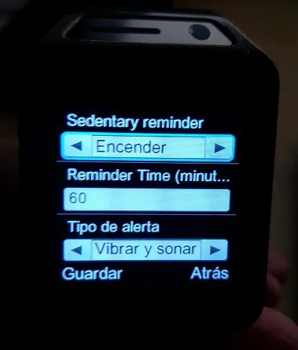Pantalla de configuración del recordatorio sedentario en el GV08S