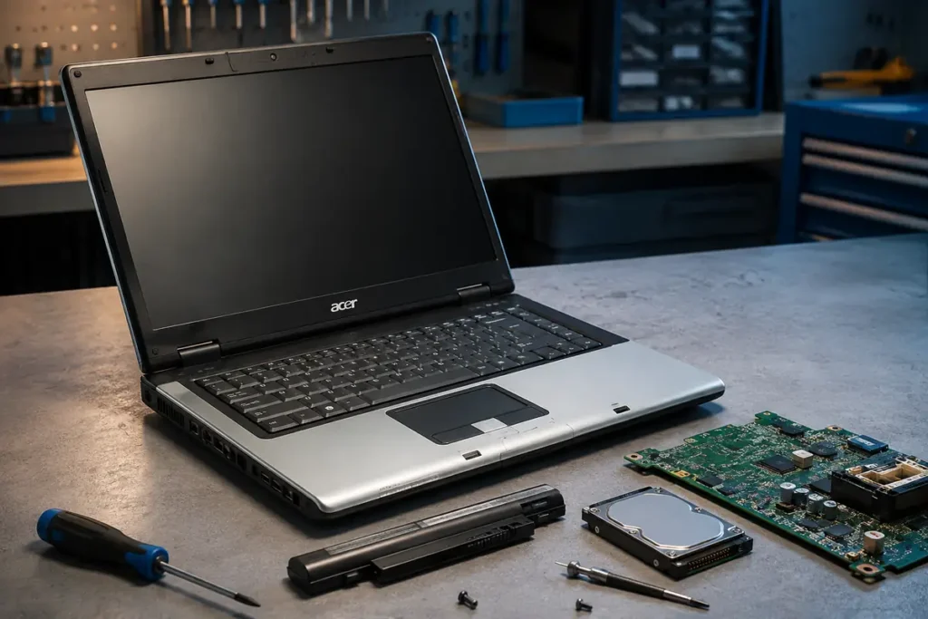Portátil Acer negro y plateado junto a una batería, un disco duro y una placa base en el servicio técnico