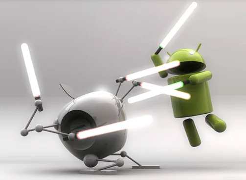 Mascotas de Android y Apple enfrentadas con espadas láser