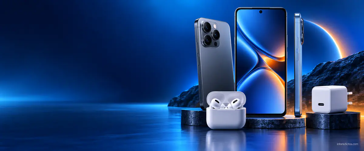 Móviles y accesorios disponibles en Amazon Móviles modernos, auriculares inalámbricos y cargador sobre un fondo azul
