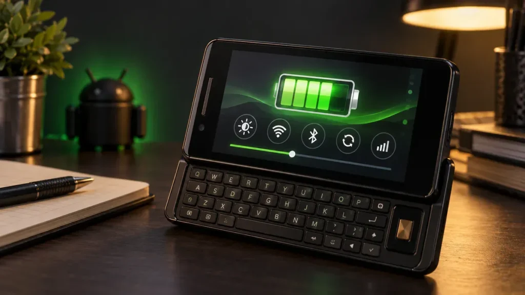 Motorola Milestone con indicadores de ahorro de batería y conexiones inalámbricas