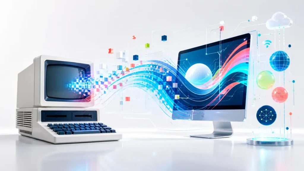 Ordenador doméstico clásico transformándose en un entorno digital moderno