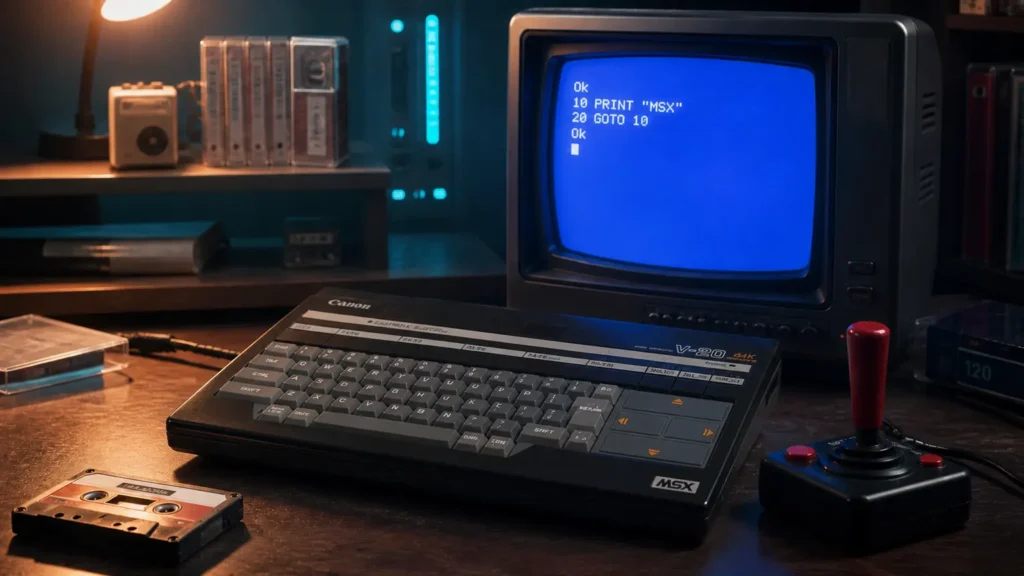 Ordenador Canon V-20 MSX con televisor CRT, cinta de casete y joystick clásico