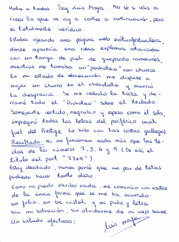 Carta manuscrita del hilo 2369 de ForoCoches