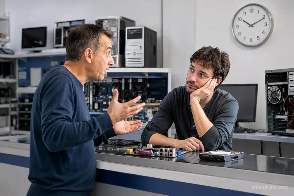 Cliente hablando sin parar ante un técnico informático cansado