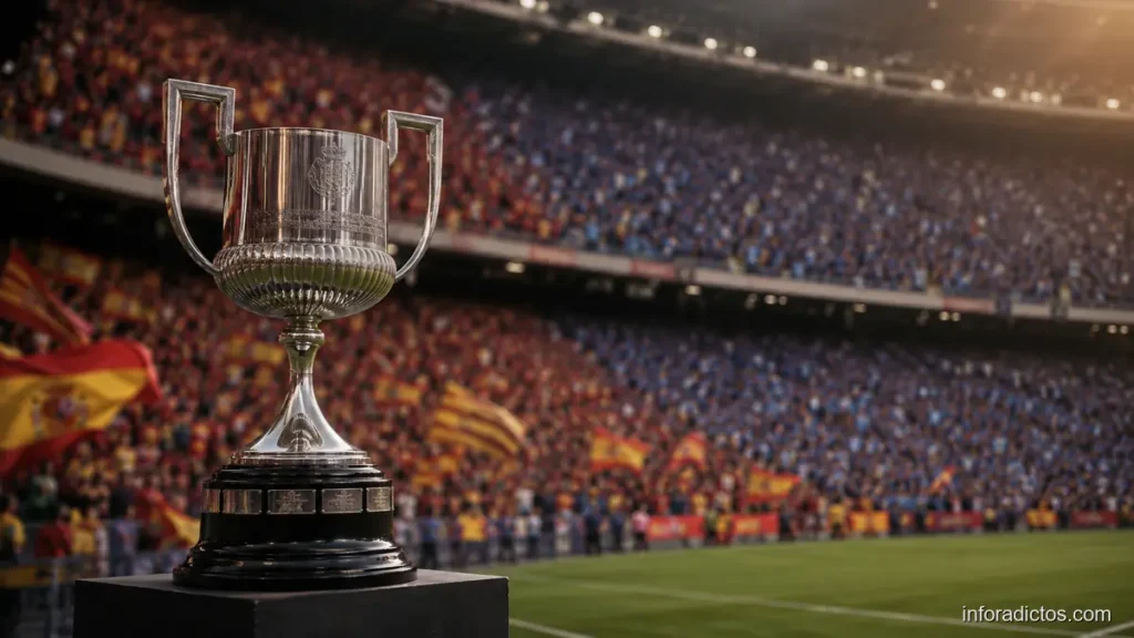Trofeo de fútbol ante las gradas de un estadio