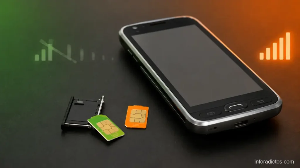 Teléfono móvil con una tarjeta SIM verde y otra naranja durante una portabilidad