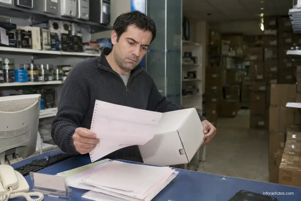 Propietario de una tienda de informática revisando una factura de proveedor