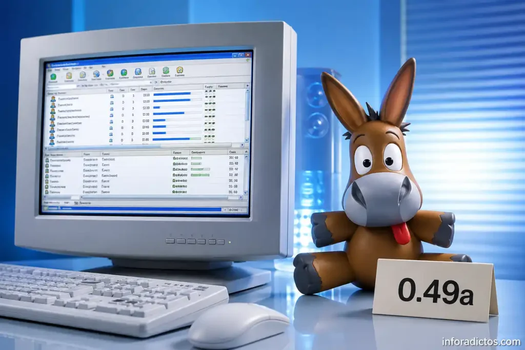 eMule 0.49a en un ordenador con la clásica mascota del programa