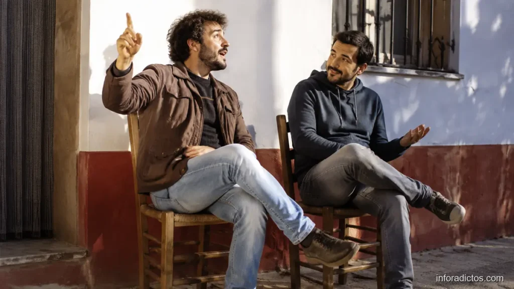 Dos amigos conversan animadamente sentados junto a una casa