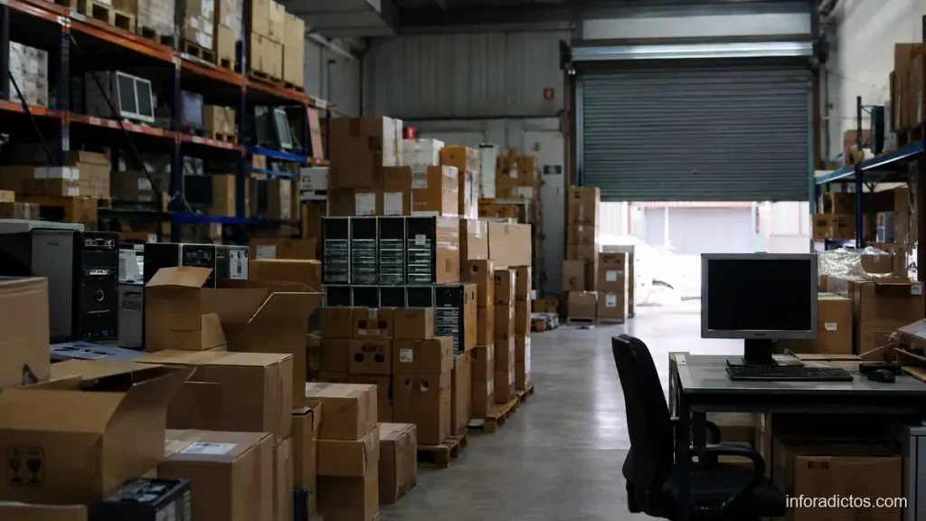 Almacén de un mayorista informático con cajas y equipos durante la crisis