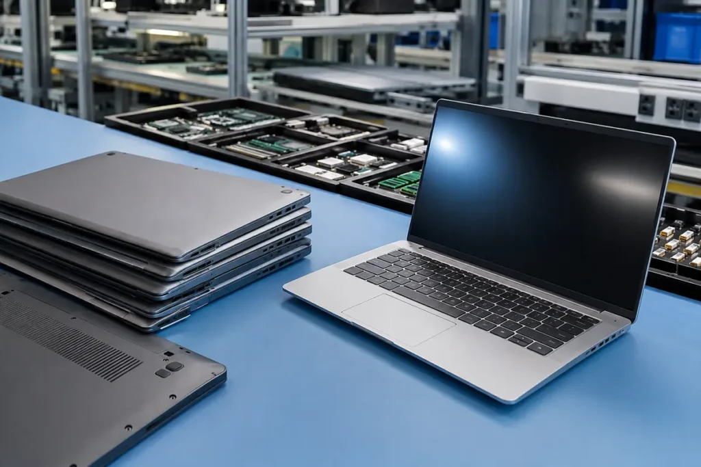 Ordenadores portátiles sin marca en una línea de fabricación OEM