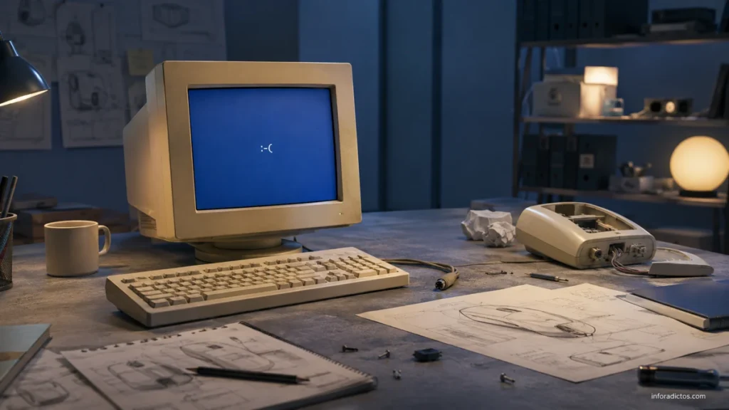 Ilustración conceptual de un ordenador con pantalla de error en un taller tecnológico