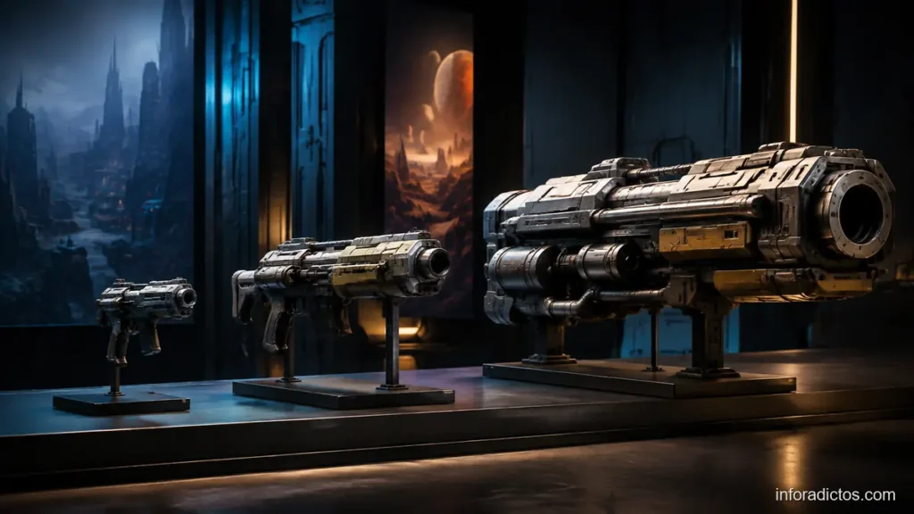 Tres armas futuristas de tamaño creciente