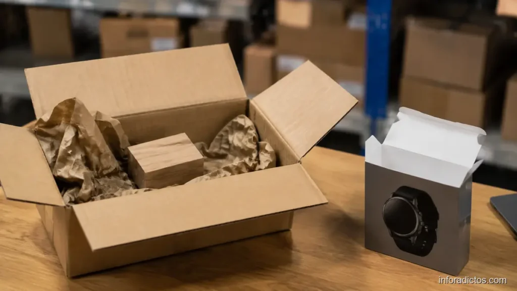 Caja de envío abierta con un trozo de madera en lugar de un pulsómetro comprado online