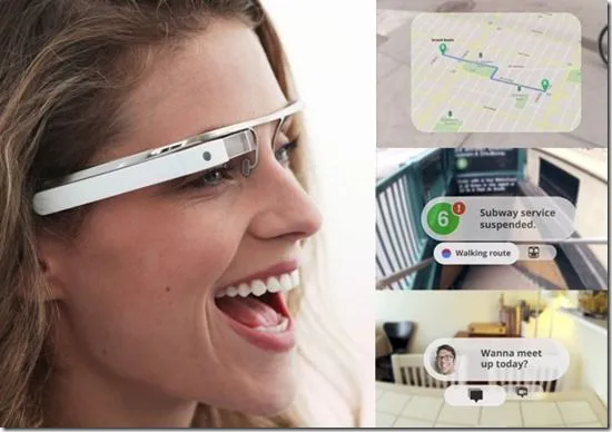 Mujer utilizando Google Glass junto a ejemplos de navegación y mensajes con realidad aumentada