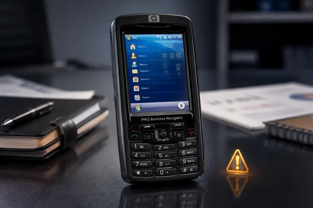 HP iPAQ 614c Business Navigator con Windows Mobile y un aviso de problemas