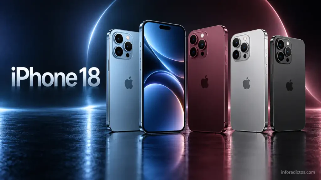 Nueva generación iPhone 18 en colores azul, burdeos, plata y negro