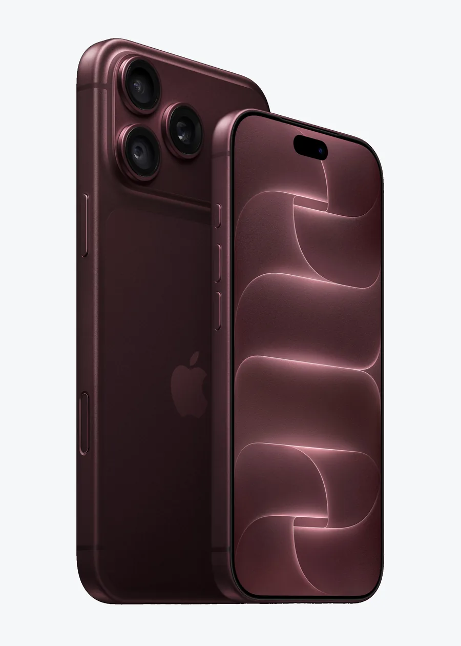 Diseño frontal y trasero del iPhone 18 Pro en burdeos Vista frontal y trasera del iPhone 18 Pro en color burdeos sobre fondo claro