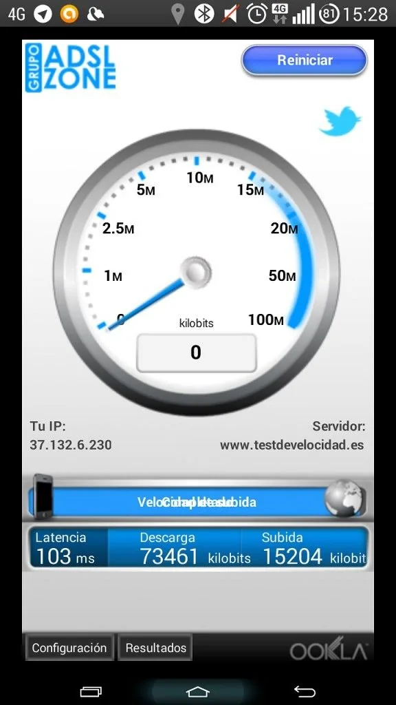 Test de velocidad del 4G de Jazztel en Gandía Resultado del test de velocidad del 4G de Jazztel en Gandía