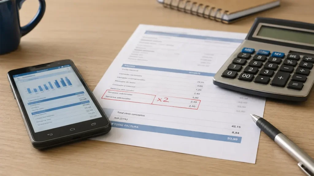 Factura de móvil con un cargo duplicado junto a un teléfono y una calculadora