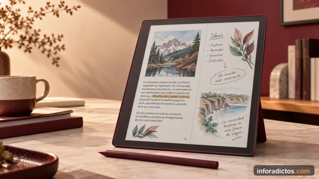 Kindle Scribe Colorsoft granate con pantalla a color de 11 pulgadas y lápiz prémium sobre un escritorio