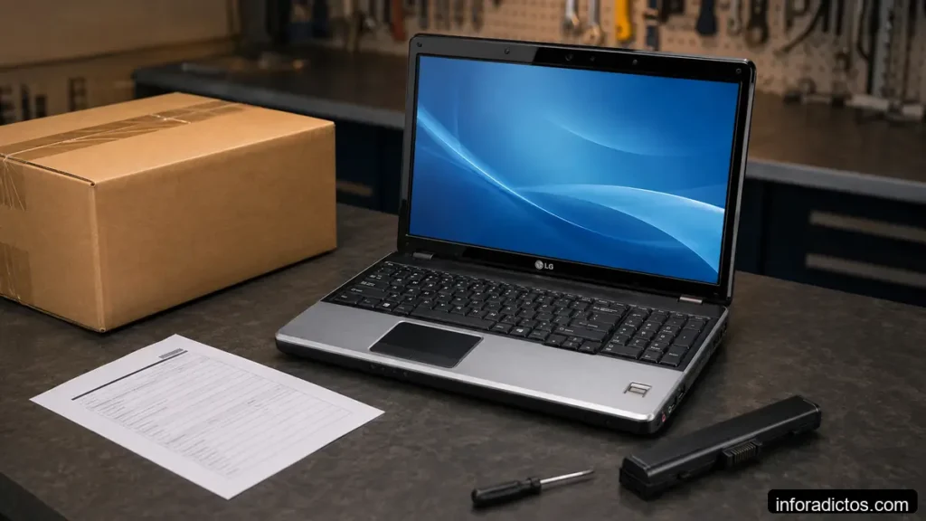 Portátil LG S510 junto a su caja, batería y parte de reparación