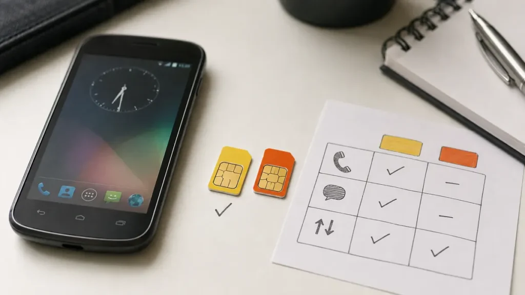 Teléfono Android y dos tarjetas SIM junto a una tabla comparativa
