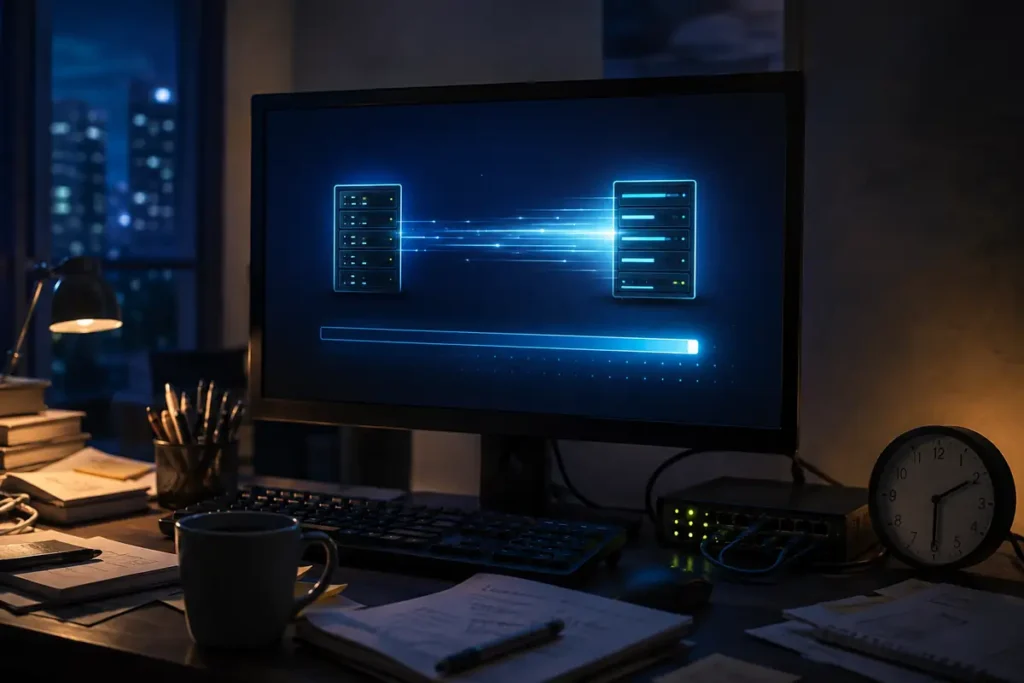 Monitor mostrando una migración de datos entre servidores durante un cambio de hosting nocturno