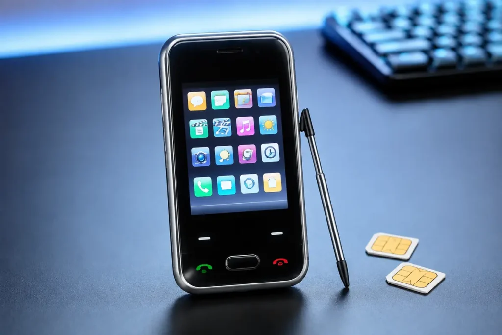 Móvil dual SIM chino de 2008 con pantalla táctil, lápiz y dos tarjetas SIM